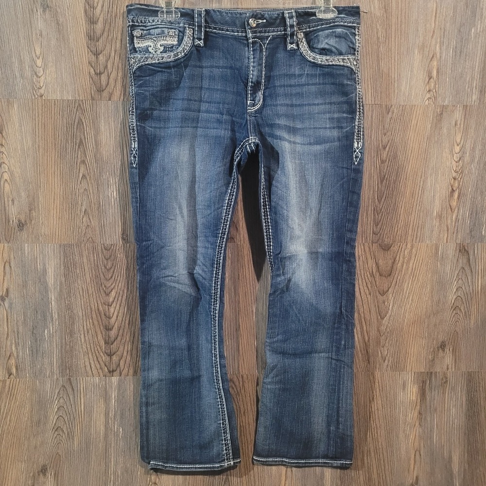 Rock Revival Glade Easy Bootcut Jeans 32 x 29.5 Embellished Rhinestone Pocket - Picture 5 of 14